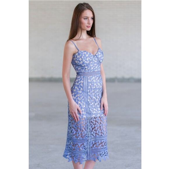 JUST ME BLOOMINGDALE'S Lace Crochet Midi Dress Sheath Bridesmaid Medium Blue - Picture 11 of 11